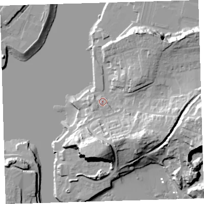 Shaded relief map of the ground around PL97NL, computed from Environment Agency LiDAR. The ground here sits at about 6 m above sea level and falls 31 m across the surrounding 800 m. Surface water reaching this point runs off ground lying to the south, 24.7 m higher.