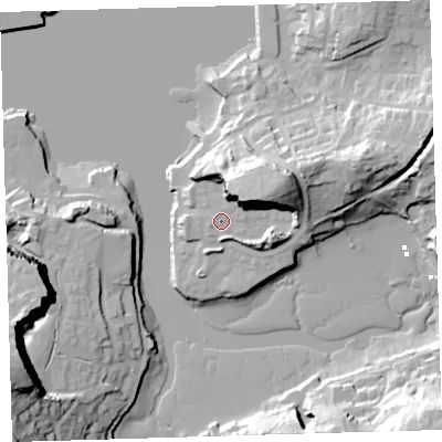 Shaded relief map of the ground around PL97NR, computed from Environment Agency LiDAR. The ground here sits at about 7 m above sea level and falls 45 m across the surrounding 800 m. Surface water reaching this point runs off ground lying to the east-north-east, 21.7 m higher.