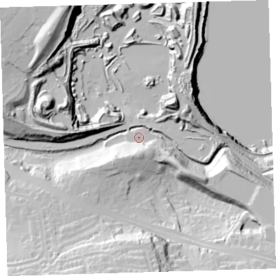 Shaded relief map of the ground around PL98AJ, computed from Environment Agency LiDAR. The ground here sits at about 25 m above sea level and falls 53 m across the surrounding 800 m. Surface water reaching this point runs off ground lying to the south-south-west, 16.3 m higher.