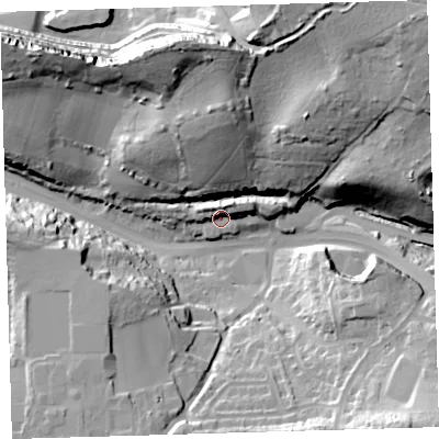 Shaded relief map of the ground around PL98AL, computed from Environment Agency LiDAR. The ground here sits at about 17 m above sea level and falls 46 m across the surrounding 800 m. Surface water reaching this point runs off ground lying to the north-north-east, 8.3 m higher.