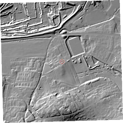 Shaded relief map of the ground around PL98DE, computed from Environment Agency LiDAR. The ground here sits at about 35 m above sea level and falls 54 m across the surrounding 800 m. Surface water reaching this point runs off ground lying to the south, 4.3 m higher.