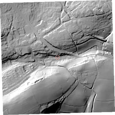Shaded relief map of the ground around PL98DT, computed from Environment Agency LiDAR. The ground here sits at about 35 m above sea level and falls 64 m across the surrounding 800 m. Surface water reaching this point runs off ground lying to the south-west, 52.3 m higher.