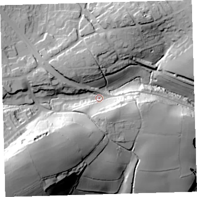 Shaded relief map of the ground around PL98JW, computed from Environment Agency LiDAR. The ground here sits at about 34 m above sea level and falls 72 m across the surrounding 800 m. Surface water reaching this point runs off ground lying to the south-west, 50.2 m higher.