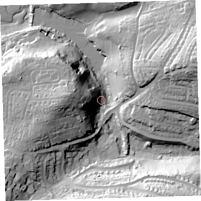 Shaded relief map of the ground around PL99DF, computed from Environment Agency LiDAR. The ground here sits at about 9 m above sea level and falls 59 m across the surrounding 800 m. Surface water reaching this point runs off ground lying to the west, 37.4 m higher.
