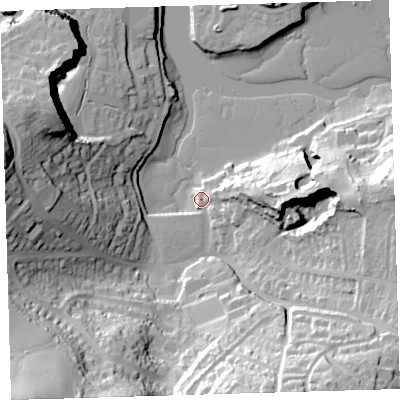 Shaded relief map of the ground around PL99QY, computed from Environment Agency LiDAR. The ground here sits at about 3 m above sea level and falls 65 m across the surrounding 800 m. Surface water reaching this point runs off ground lying to the south-west, 62.3 m higher.