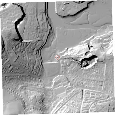 Shaded relief map of the ground around PL99QZ, computed from Environment Agency LiDAR. The ground here sits at about 3 m above sea level and falls 64 m across the surrounding 800 m. Surface water reaching this point runs off ground lying to the east-north-east, 11.4 m higher.