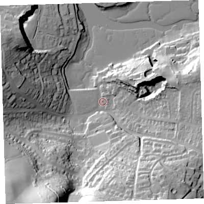 Shaded relief map of the ground around PL99RA, computed from Environment Agency LiDAR. The ground here sits at about 4 m above sea level and falls 79 m across the surrounding 800 m. Surface water reaching this point runs off ground lying to the south-west, 73.3 m higher.