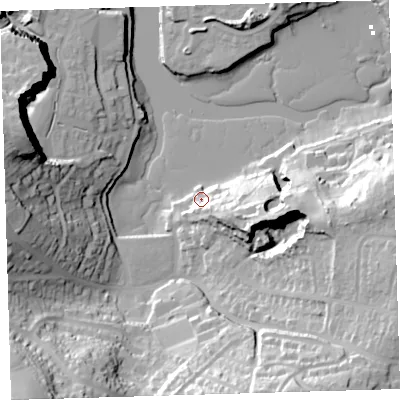 Shaded relief map of the ground around PL99RB, computed from Environment Agency LiDAR. The ground here sits at about 4 m above sea level and falls 51 m across the surrounding 800 m. Surface water reaching this point runs off ground lying to the south-east, 14.9 m higher.