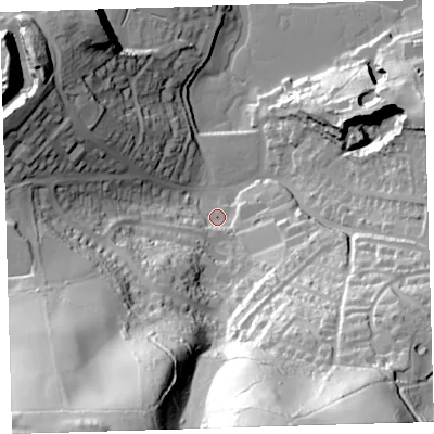 Shaded relief map of the ground around PL99RG, computed from Environment Agency LiDAR. The ground here sits at about 6 m above sea level and falls 99 m across the surrounding 800 m. Surface water reaching this point runs off ground lying to the south-south-east, 92.0 m higher.