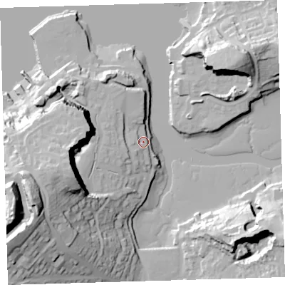 Shaded relief map of the ground around PL99RQ, computed from Environment Agency LiDAR. The ground here sits at about 7 m above sea level and falls 57 m across the surrounding 800 m. Surface water reaching this point runs off ground lying to the west-south-west, 8.9 m higher.