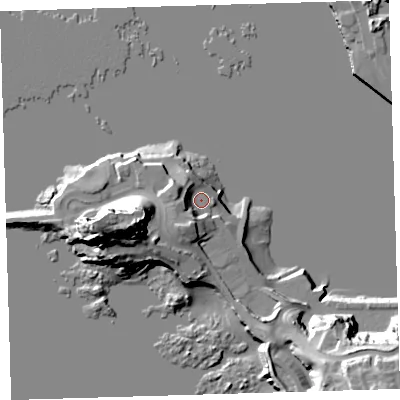 Shaded relief map of the ground around PL99SJ, computed from Environment Agency LiDAR. The ground here sits at about 4 m above sea level and falls 29 m across the surrounding 800 m. Surface water reaching this point runs off ground lying to the south-south-west, 7.4 m higher.