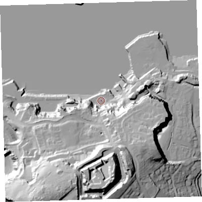Shaded relief map of the ground around PL99SY, computed from Environment Agency LiDAR. The ground here sits at about 3 m above sea level and falls 57 m across the surrounding 800 m. Surface water reaching this point runs off ground lying to the south-south-east, 26.3 m higher.