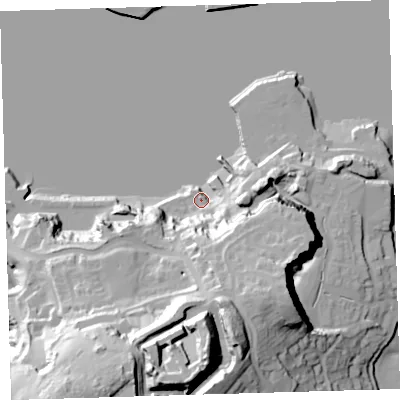 Shaded relief map of the ground around PL99SZ, computed from Environment Agency LiDAR. The ground here sits at about 4 m above sea level and falls 57 m across the surrounding 800 m. Surface water reaching this point runs off ground lying to the south-south-east, 37.5 m higher.