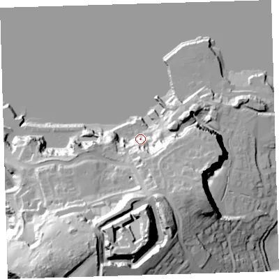 Shaded relief map of the ground around PL99TB, computed from Environment Agency LiDAR. The ground here sits at about 8 m above sea level and falls 57 m across the surrounding 800 m. Surface water reaching this point runs off ground lying to the south, 26.0 m higher.