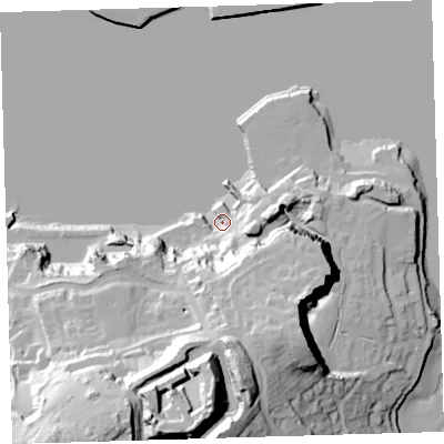 Shaded relief map of the ground around PL99TD, computed from Environment Agency LiDAR. The ground here sits at about 3 m above sea level and falls 57 m across the surrounding 800 m. Surface water reaching this point runs off ground lying to the south, 36.5 m higher.