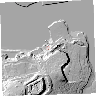 Shaded relief map of the ground around PL99TE, computed from Environment Agency LiDAR. The ground here sits at about 4 m above sea level and falls 57 m across the surrounding 800 m. Surface water reaching this point runs off ground lying to the south-south-east, 41.8 m higher.