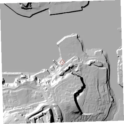 Shaded relief map of the ground around PL99TF, computed from Environment Agency LiDAR. The ground here sits at about 6 m above sea level and falls 57 m across the surrounding 800 m. Surface water reaching this point runs off ground lying to the south-east, 11.9 m higher.