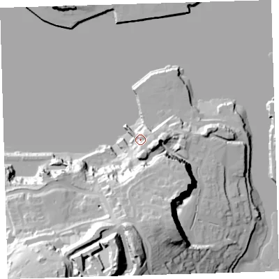 Shaded relief map of the ground around PL99XB, computed from Environment Agency LiDAR. The ground here sits at about 6 m above sea level and falls 57 m across the surrounding 800 m. Surface water reaching this point runs off ground lying to the south-south-east, 39.0 m higher.