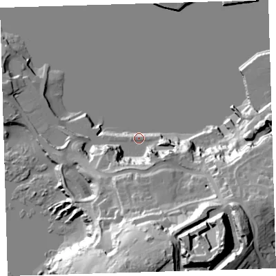 Shaded relief map of the ground around PL99XH, computed from Environment Agency LiDAR. The ground here sits at about 4 m above sea level and falls 57 m across the surrounding 800 m. Surface water reaching this point runs off ground lying to the south-east, 57.1 m higher.