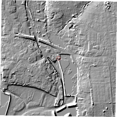 Shaded relief map of the ground around PO107AD, computed from Environment Agency LiDAR. The ground here sits at about 3 m above sea level and falls 12 m across the surrounding 800 m. Surface water reaching this point runs off ground lying to the north-east, 7.4 m higher.