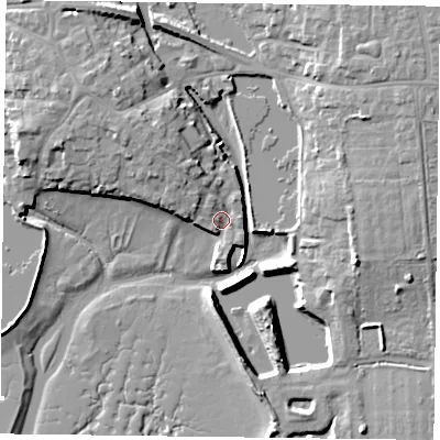 Shaded relief map of the ground around PO107AT, computed from Environment Agency LiDAR. The ground here sits at about 3 m above sea level and falls 10 m across the surrounding 800 m. Surface water reaching this point runs off ground lying to the north-west, 4.9 m higher.