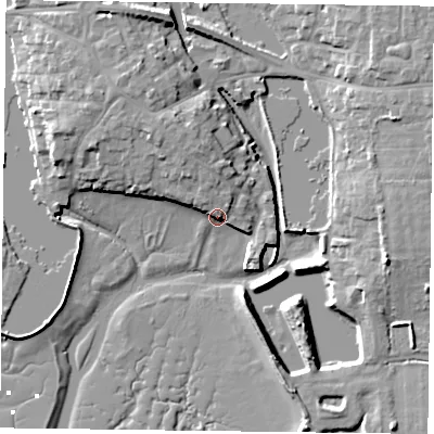 Shaded relief map of the ground around PO107AY, computed from Environment Agency LiDAR. The ground here sits at about 5 m above sea level and falls 10 m across the surrounding 800 m. Surface water reaching this point runs off ground lying to the north, 5.2 m higher.