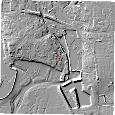 Shaded relief map of the ground around PO107AZ, computed from Environment Agency LiDAR. The ground here sits at about 5 m above sea level and falls 10 m across the surrounding 800 m. Surface water reaching this point runs off ground lying to the north-west, 3.4 m higher.
