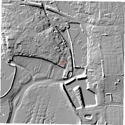 Shaded relief map of the ground around PO107BD, computed from Environment Agency LiDAR. The ground here sits at about 4 m above sea level and falls 10 m across the surrounding 800 m. Surface water reaching this point runs off ground lying to the north-west, 2.4 m higher.