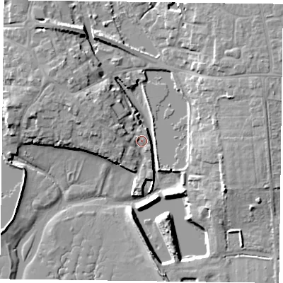 Shaded relief map of the ground around PO107BE, computed from Environment Agency LiDAR. The ground here sits at about 3 m above sea level and falls 10 m across the surrounding 800 m. Surface water reaching this point runs off ground lying to the north-west, 4.3 m higher.