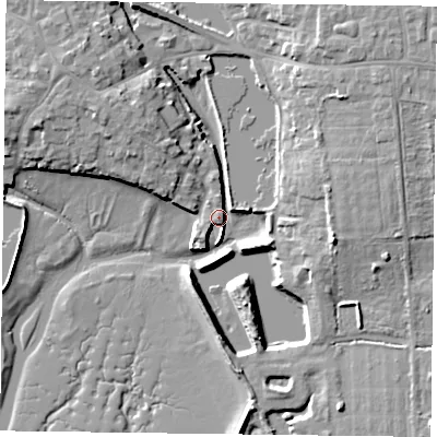 Shaded relief map of the ground around PO107BG, computed from Environment Agency LiDAR. The ground here sits at about 4 m above sea level and falls 10 m across the surrounding 800 m. Surface water reaching this point runs off ground lying to the north-west, 8.5 m higher.