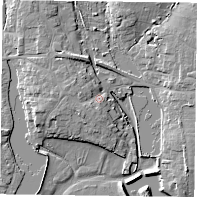 Shaded relief map of the ground around PO107BJ, computed from Environment Agency LiDAR. The ground here sits at about 6 m above sea level and falls 9 m across the surrounding 800 m. Surface water reaching this point runs off ground lying to the west-north-west, 3.7 m higher.
