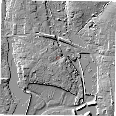Shaded relief map of the ground around PO107BL, computed from Environment Agency LiDAR. The ground here sits at about 6 m above sea level and falls 9 m across the surrounding 800 m. Surface water reaching this point runs off ground lying to the west, 3.5 m higher.
