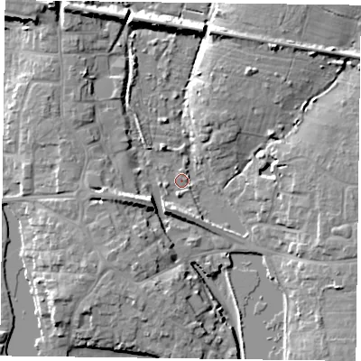 Shaded relief map of the ground around PO107BP, computed from Environment Agency LiDAR. The ground here sits at about 3 m above sea level and falls 11 m across the surrounding 800 m. Surface water reaching this point runs off ground lying to the south-south-west, 4.7 m higher.