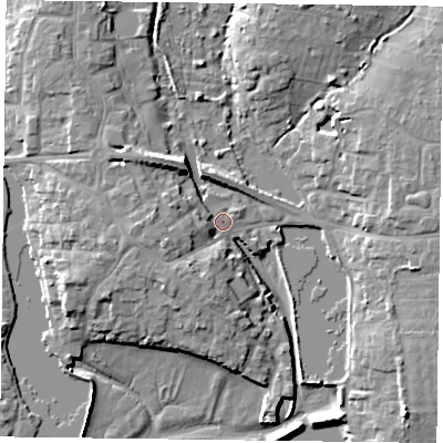 Shaded relief map of the ground around PO107BT, computed from Environment Agency LiDAR. The ground here sits at about 3 m above sea level and falls 10 m across the surrounding 800 m. Surface water reaching this point runs off ground lying to the west-south-west, 5.0 m higher.