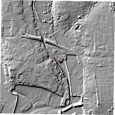 Shaded relief map of the ground around PO107BU, computed from Environment Agency LiDAR. The ground here sits at about 3 m above sea level and falls 12 m across the surrounding 800 m. Surface water reaching this point runs off ground lying to the west, 7.7 m higher.