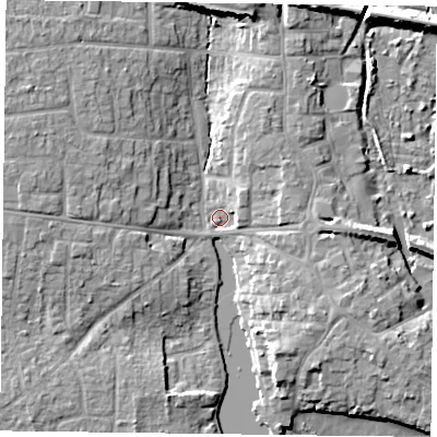 Shaded relief map of the ground around PO107DR, computed from Environment Agency LiDAR. The ground here sits at about 3 m above sea level and falls 11 m across the surrounding 800 m. Surface water reaching this point runs off ground lying to the north-west, 8.2 m higher.