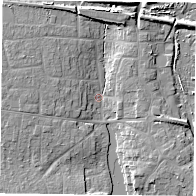 Shaded relief map of the ground around PO107DS, computed from Environment Agency LiDAR. The ground here sits at about 3 m above sea level and falls 10 m across the surrounding 800 m. Surface water reaching this point runs off ground lying to the west-north-west, 8.4 m higher.