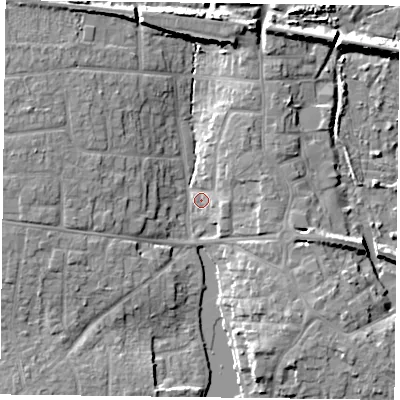 Shaded relief map of the ground around PO107DW, computed from Environment Agency LiDAR. The ground here sits at about 4 m above sea level and falls 9 m across the surrounding 800 m. Surface water reaching this point runs off ground lying to the west-north-west, 8.2 m higher.