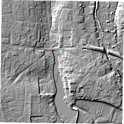 Shaded relief map of the ground around PO107EA, computed from Environment Agency LiDAR. The ground here sits at about 4 m above sea level and falls 11 m across the surrounding 800 m. Surface water reaching this point runs off ground lying to the west-north-west, 6.8 m higher.