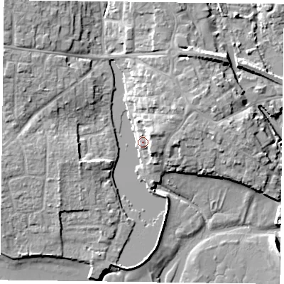 Shaded relief map of the ground around PO107EB, computed from Environment Agency LiDAR. The ground here sits at about 5 m above sea level and falls 11 m across the surrounding 800 m. Surface water reaching this point runs off ground lying to the west-north-west, 6.8 m higher.