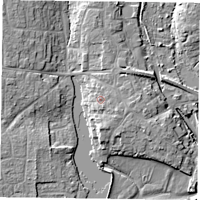 Shaded relief map of the ground around PO107ED, computed from Environment Agency LiDAR. The ground here sits at about 7 m above sea level and falls 11 m across the surrounding 800 m. Surface water reaching this point runs off ground lying to the east-south-east, 2.5 m higher.