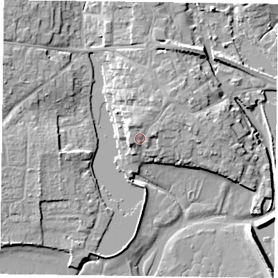 Shaded relief map of the ground around PO107EG, computed from Environment Agency LiDAR. The ground here sits at about 7 m above sea level and falls 10 m across the surrounding 800 m. Surface water reaching this point runs off ground lying to the north-north-east, 2.6 m higher.