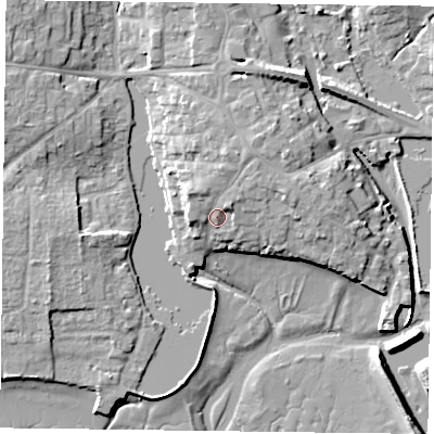 Shaded relief map of the ground around PO107EH, computed from Environment Agency LiDAR. The ground here sits at about 6 m above sea level and falls 10 m across the surrounding 800 m. Surface water reaching this point runs off ground lying to the north, 2.7 m higher.