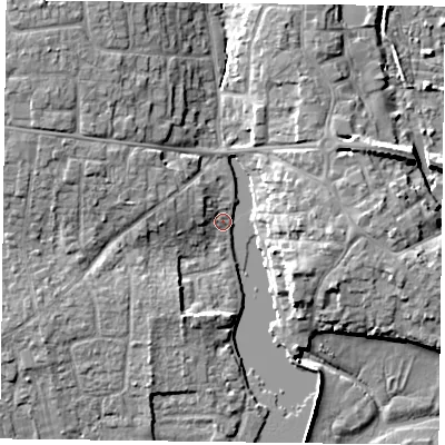 Shaded relief map of the ground around PO107EP, computed from Environment Agency LiDAR. The ground here sits at about 3 m above sea level and falls 12 m across the surrounding 800 m. Surface water reaching this point runs off ground lying to the west-north-west, 7.1 m higher.