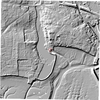 Shaded relief map of the ground around PO107EQ, computed from Environment Agency LiDAR. The ground here sits at about 4 m above sea level and falls 10 m across the surrounding 800 m. Surface water reaching this point runs off ground lying to the north-west, 6.4 m higher.