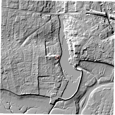 Shaded relief map of the ground around PO107ER, computed from Environment Agency LiDAR. The ground here sits at about 5 m above sea level and falls 11 m across the surrounding 800 m. Surface water reaching this point runs off ground lying to the west, 4.8 m higher.