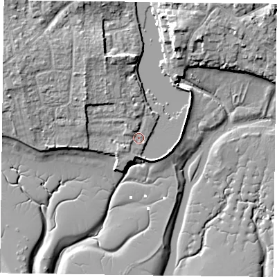 Shaded relief map of the ground around PO107ES, computed from Environment Agency LiDAR. The ground here sits at about 3 m above sea level and falls 10 m across the surrounding 800 m. Surface water reaching this point runs off ground lying to the north-north-west, 2.2 m higher.