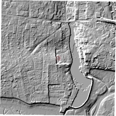 Shaded relief map of the ground around PO107EU, computed from Environment Agency LiDAR. The ground here sits at about 4 m above sea level and falls 12 m across the surrounding 800 m. Surface water reaching this point runs off ground lying to the south-south-west, 3.5 m higher.