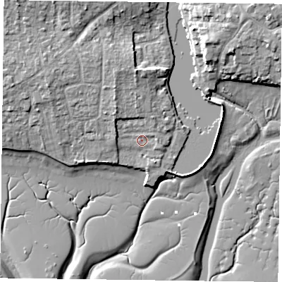 Shaded relief map of the ground around PO107EX, computed from Environment Agency LiDAR. The ground here sits at about 3 m above sea level and falls 10 m across the surrounding 800 m. Surface water reaching this point runs off ground lying to the north-west, 2.9 m higher.