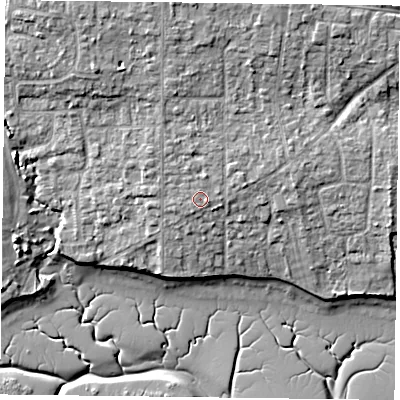 Shaded relief map of the ground around PO107HG, computed from Environment Agency LiDAR. The ground here sits at about 6 m above sea level and falls 11 m across the surrounding 800 m. Surface water reaching this point runs off ground lying to the north, 3.1 m higher.